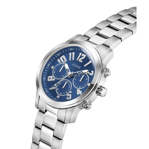 The Watch Boutique Guess Men's Silver Tone Analog Watch with Deep Blue Dial