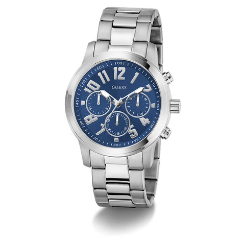 The Watch Boutique Guess Men's Silver Tone Analog Watch with Deep Blue Dial