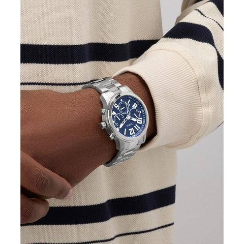 The Watch Boutique Guess Men's Silver Tone Analog Watch with Deep Blue Dial