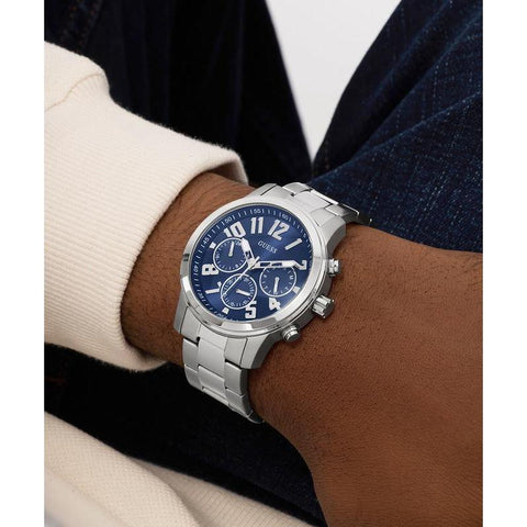 The Watch Boutique Guess Men's Silver Tone Analog Watch with Deep Blue Dial