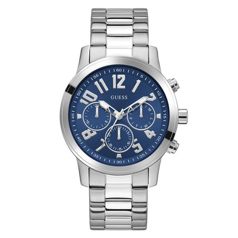 The Watch Boutique Guess Men's Silver Tone Analog Watch with Deep Blue Dial