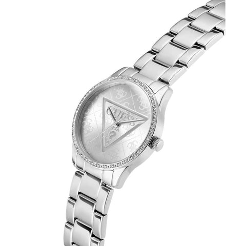 The Watch Boutique Guess Silver Tone Analog Quartz Watch – Stoned Bezel