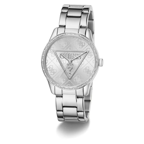 The Watch Boutique Guess Silver Tone Analog Quartz Watch – Stoned Bezel