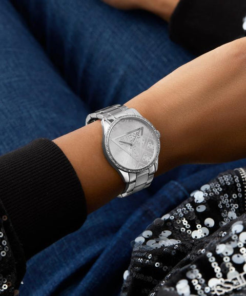 The Watch Boutique Guess Silver Tone Analog Quartz Watch – Stoned Bezel