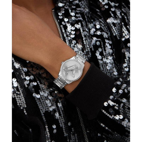 The Watch Boutique Guess Silver Tone Analog Quartz Watch – Stoned Bezel