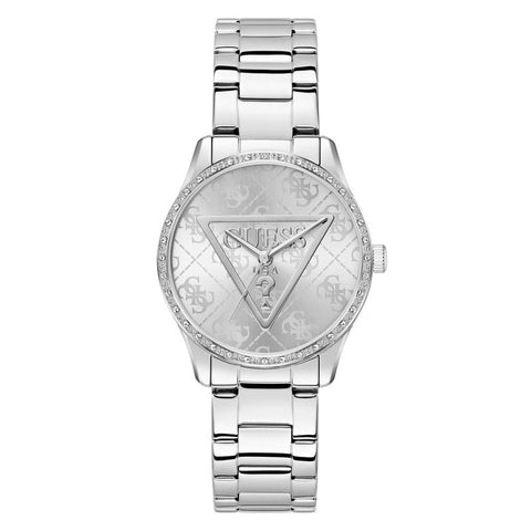 The Watch Boutique Guess Silver Tone Analog Quartz Watch – Stoned Bezel