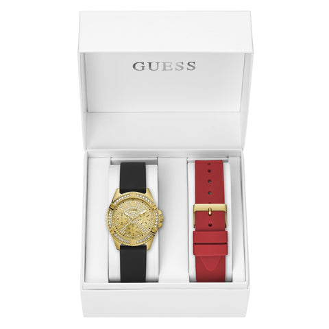 The Watch Boutique Guess ladies Frontier Black & Gold Crystal Watch Gift Set GW0349L1