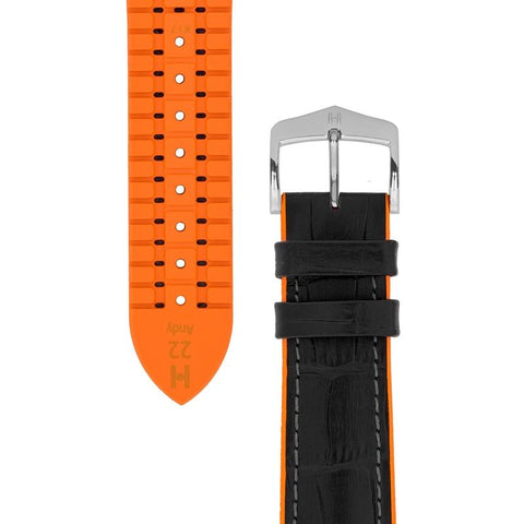 The Watch Boutique Hirsch ANDY Alligator Embossed Performance Watch Strap in BLACK / ORANGE