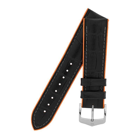 The Watch Boutique Hirsch ANDY Alligator Embossed Performance Watch Strap in BLACK / ORANGE