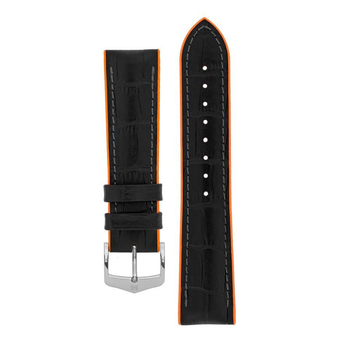 The Watch Boutique Hirsch ANDY Alligator Embossed Performance Watch Strap in BLACK / ORANGE 18mm Silver