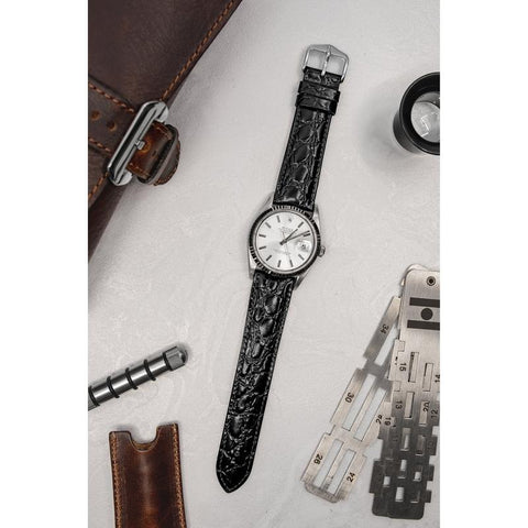 The Watch Boutique Hirsch CROCOGRAIN Crocodile Embossed Leather Watch Strap in BLACK