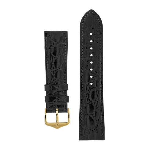 The Watch Boutique Hirsch CROCOGRAIN Crocodile Embossed Leather Watch Strap in BLACK 12mm Gold