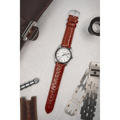 The Watch Boutique Hirsch CROCOGRAIN Crocodile Embossed Leather Watch Strap in GOLD BROWN