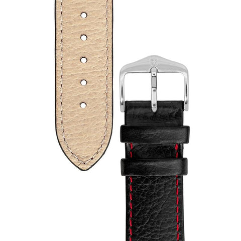 The Watch Boutique Hirsch KANSAS Buffalo-Embossed Calf Leather Watch Strap in BLACK with Red Stitch