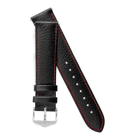 The Watch Boutique Hirsch KANSAS Buffalo-Embossed Calf Leather Watch Strap in BLACK with Red Stitch