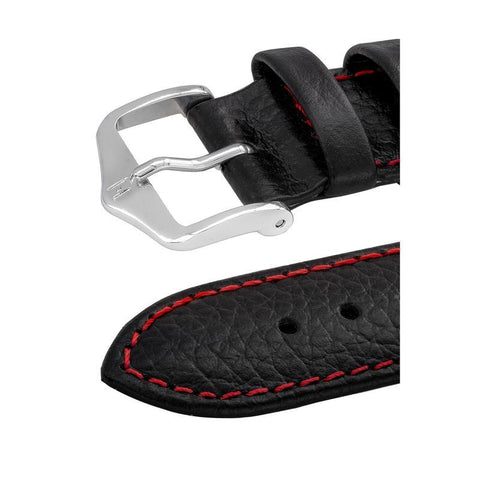 The Watch Boutique Hirsch KANSAS Buffalo-Embossed Calf Leather Watch Strap in BLACK with Red Stitch