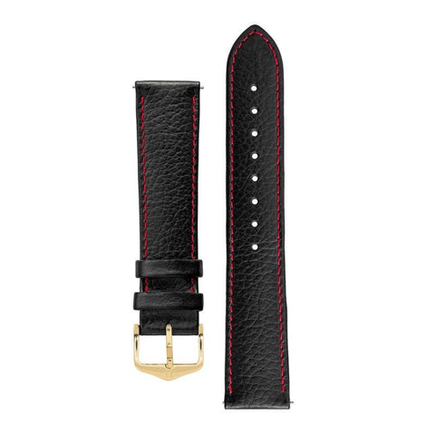The Watch Boutique Hirsch KANSAS Buffalo-Embossed Calf Leather Watch Strap in BLACK with Red Stitch