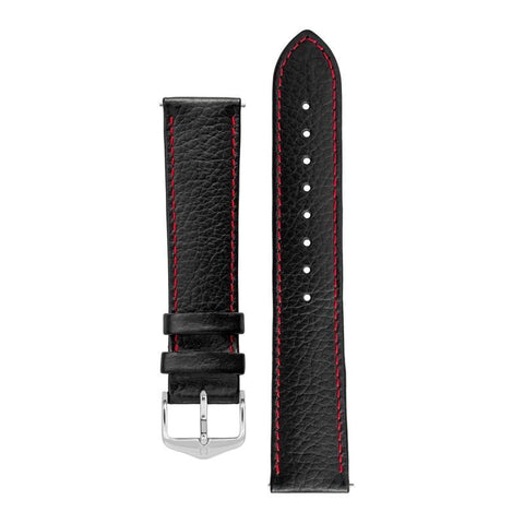 The Watch Boutique Hirsch KANSAS Buffalo-Embossed Calf Leather Watch Strap in BLACK with Red Stitch