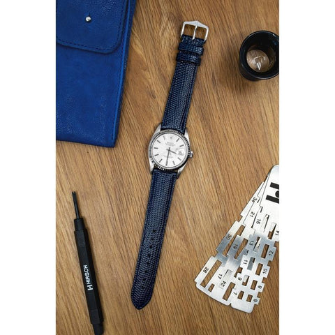 The Watch Boutique Hirsch RAINBOW Lizard Embossed Leather Watch Strap in BLUE