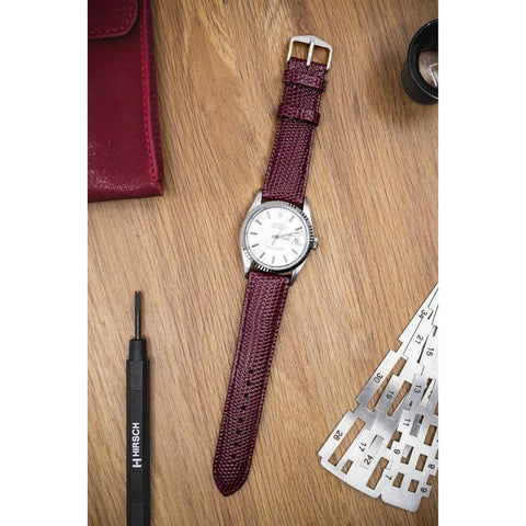 The Watch Boutique Hirsch RAINBOW Lizard Embossed Leather Watch Strap in BURGUNDY