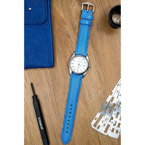 The Watch Boutique Hirsch RAINBOW Lizard Embossed Leather Watch Strap in ROYAL BLUE