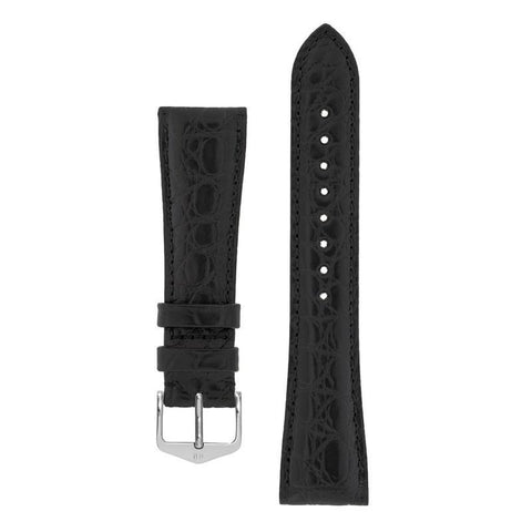 The Watch Boutique Hirsch REGENT Genuine Alligator Leather Watch Strap in BLACK 18mm Silver
