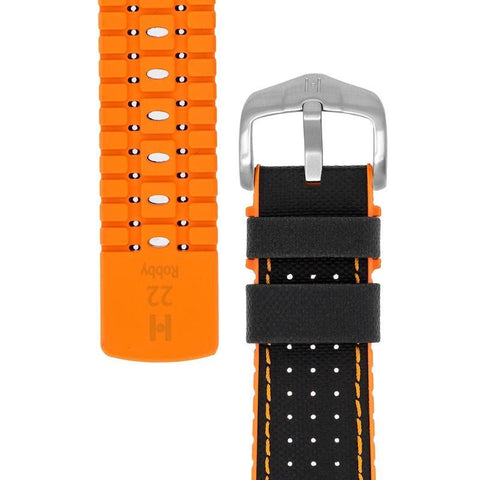The Watch Boutique Hirsch ROBBY Sailcloth Effect Performance Watch Strap in BLACK / ORANGE