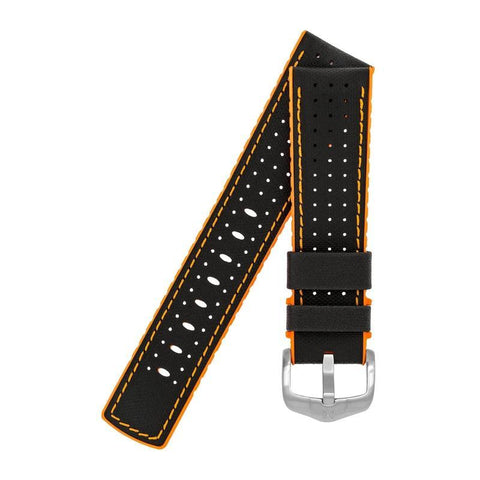 The Watch Boutique Hirsch ROBBY Sailcloth Effect Performance Watch Strap in BLACK / ORANGE