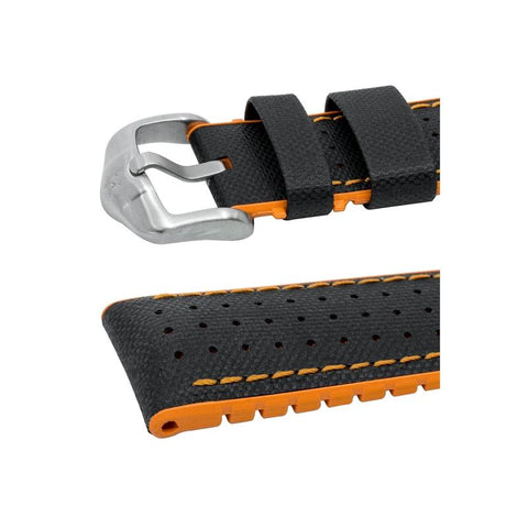 The Watch Boutique Hirsch ROBBY Sailcloth Effect Performance Watch Strap in BLACK / ORANGE