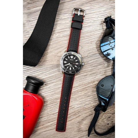 The Watch Boutique Hirsch ROBBY Sailcloth Effect Performance Watch Strap in BLACK / RED