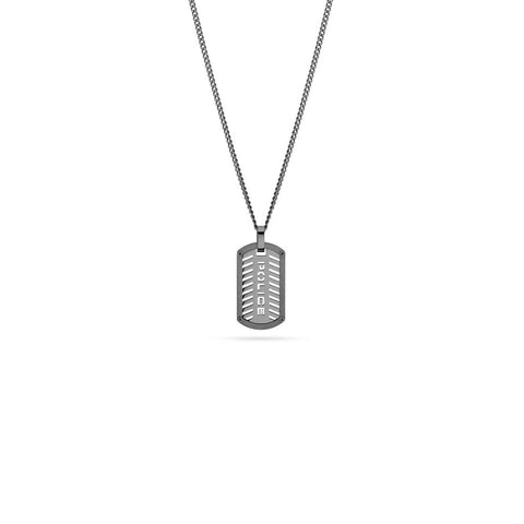 Gunmetal Police Lattitude dog tag necklace featuring a textured pendant with branded detailing on a durable metal chain.