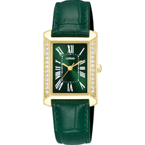 The Watch Boutique Lorus Ladies Rectangle Green Dial Leather Strap Watch