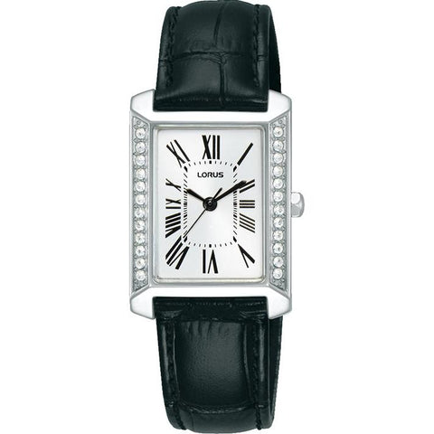 The Watch Boutique Lorus Ladies Rectangle White Dial Leather Strap Watch