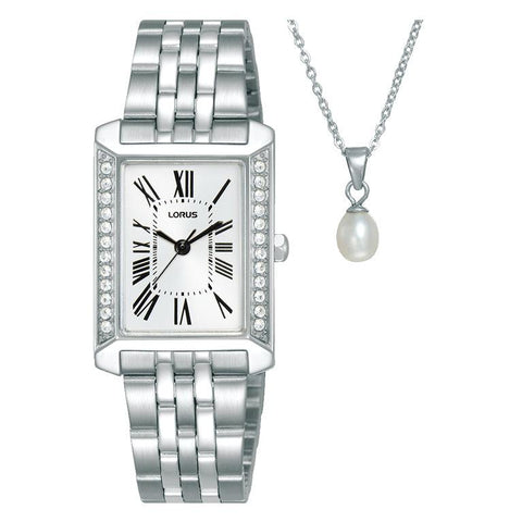 The Watch Boutique Lorus Ladies Rectangle White Dial Necklace Set