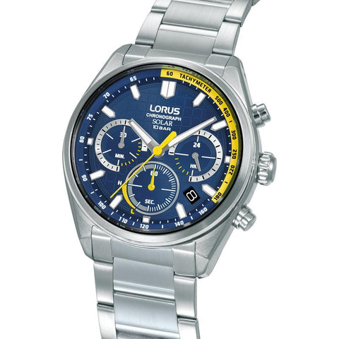 The Watch Boutique Lorus Sports Men's Solar Chronograph Watch Stainless Steel Dark Blue Sunray Dial