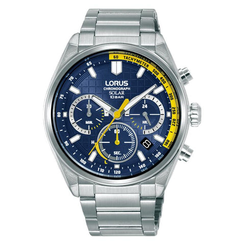 The Watch Boutique Lorus Sports Men's Solar Chronograph Watch Stainless Steel Dark Blue Sunray Dial