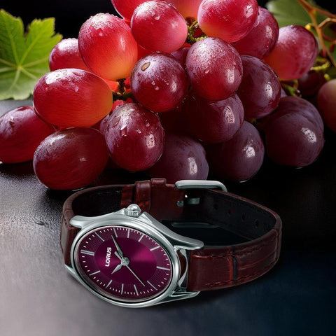 Lorus Women's Quartz Watch Silver Dark Red Sunray Dial
