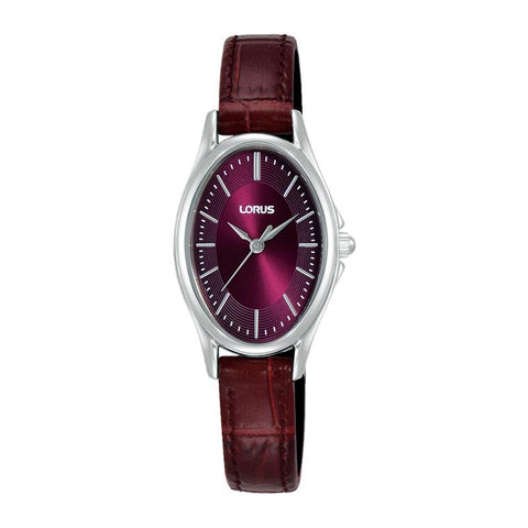 Lorus Women's Quartz Watch Silver Dark Red Sunray Dial