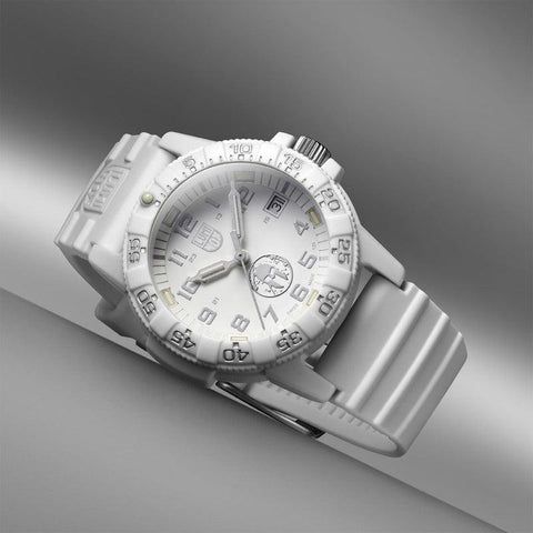 Luminox Leatherback SEA Turtle 39mm watch featuring a white carbon case, matching silicone strap, and luminous white dial.