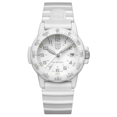 Luminox Leatherback SEA Turtle 39mm watch featuring a white carbon case, matching silicone strap, and luminous dial.