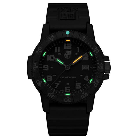 Luminox Leatherback Sea Turtle Giant 44mm black CARBONOX watch with glowing tritium markers and durable PU strap.