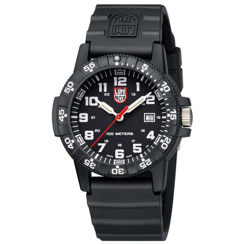 Luminox Leatherback Sea Turtle Giant 44mm watch with black CARBONOX case, black dial, and durable black PU strap.