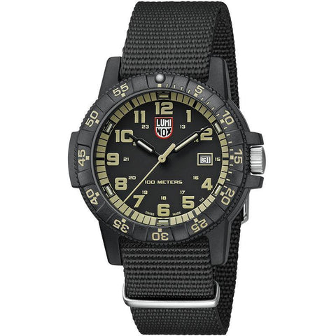 Luminox Leatherback SEA Turtle Giant 44mm watch with black CARBONOX case, tan dial, and durable black webbing strap.