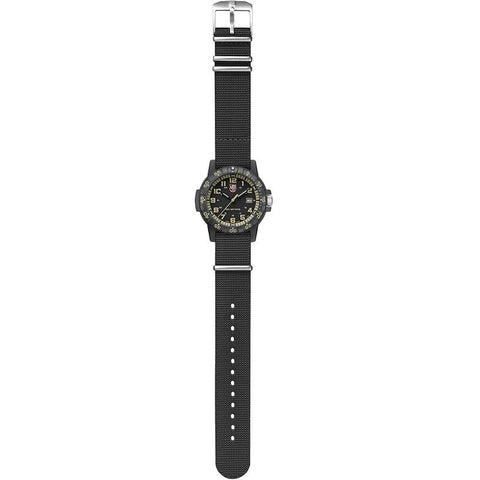 Luminox Leatherback SEA Turtle Giant watch with 44mm black CARBONOX case, orange dial accents, and durable black webbing strap.
