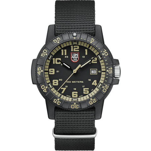 Luminox Leatherback SEA Turtle Giant 44mm watch with black CARBONOX case, orange dial, and durable black webbing strap.