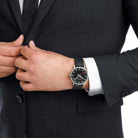 The Watch Boutique Mondaine Evo2 Black Vegan Leather Analogue Watch 43mm