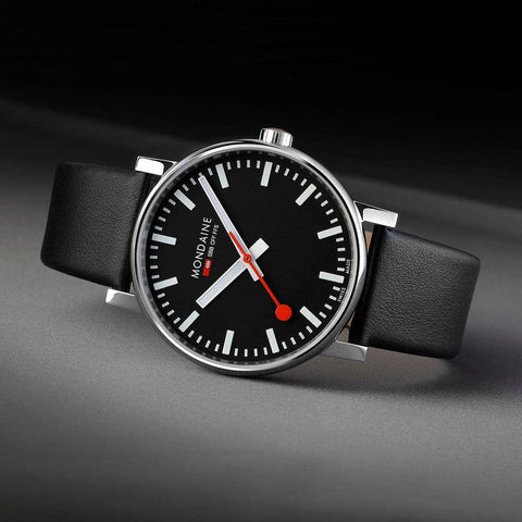 The Watch Boutique Mondaine Evo2 Black Vegan Leather Analogue Watch 43mm