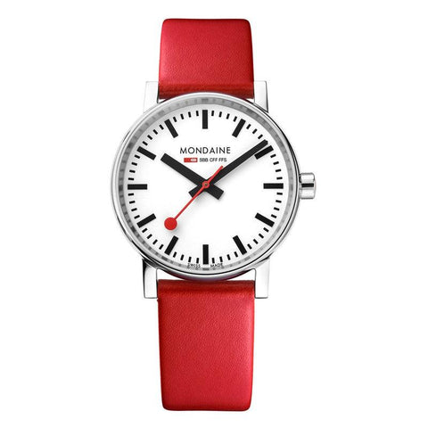 The Watch Boutique Mondaine Evo2 Red Vegan Leather Analogue Watch 35mm