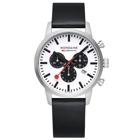 The Watch Boutique Mondaine Neo Black Leather Chrono Watch 41mm