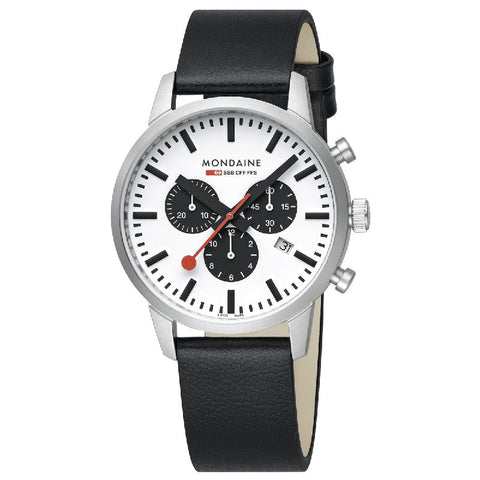 The Watch Boutique Mondaine Neo Black Leather Chrono Watch 41mm